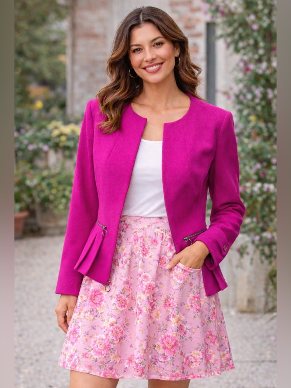 Tahari Fuchsia Pink Zip Front Peplum Jacket Size S